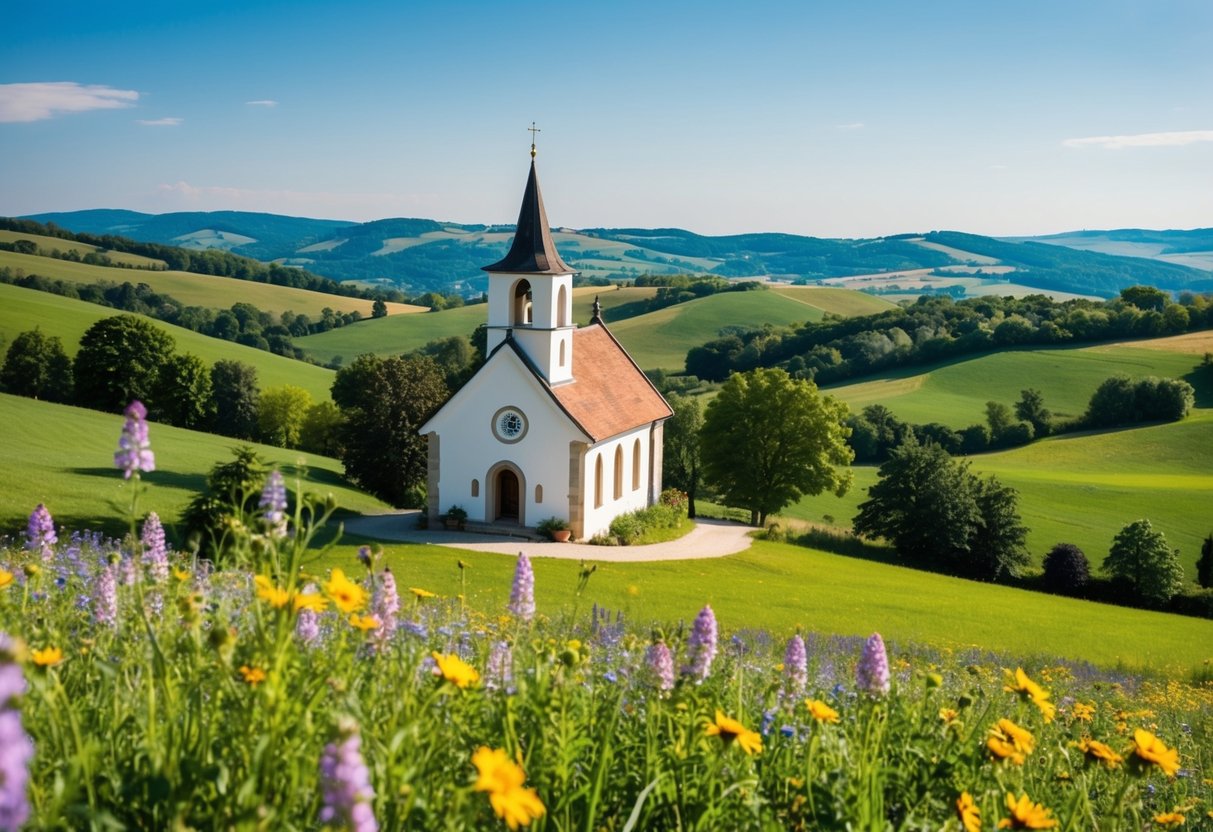 A scenic European countryside with a charming chapel nestled among rolling hills, surrounded by vibrant wildflowers and a clear blue sky