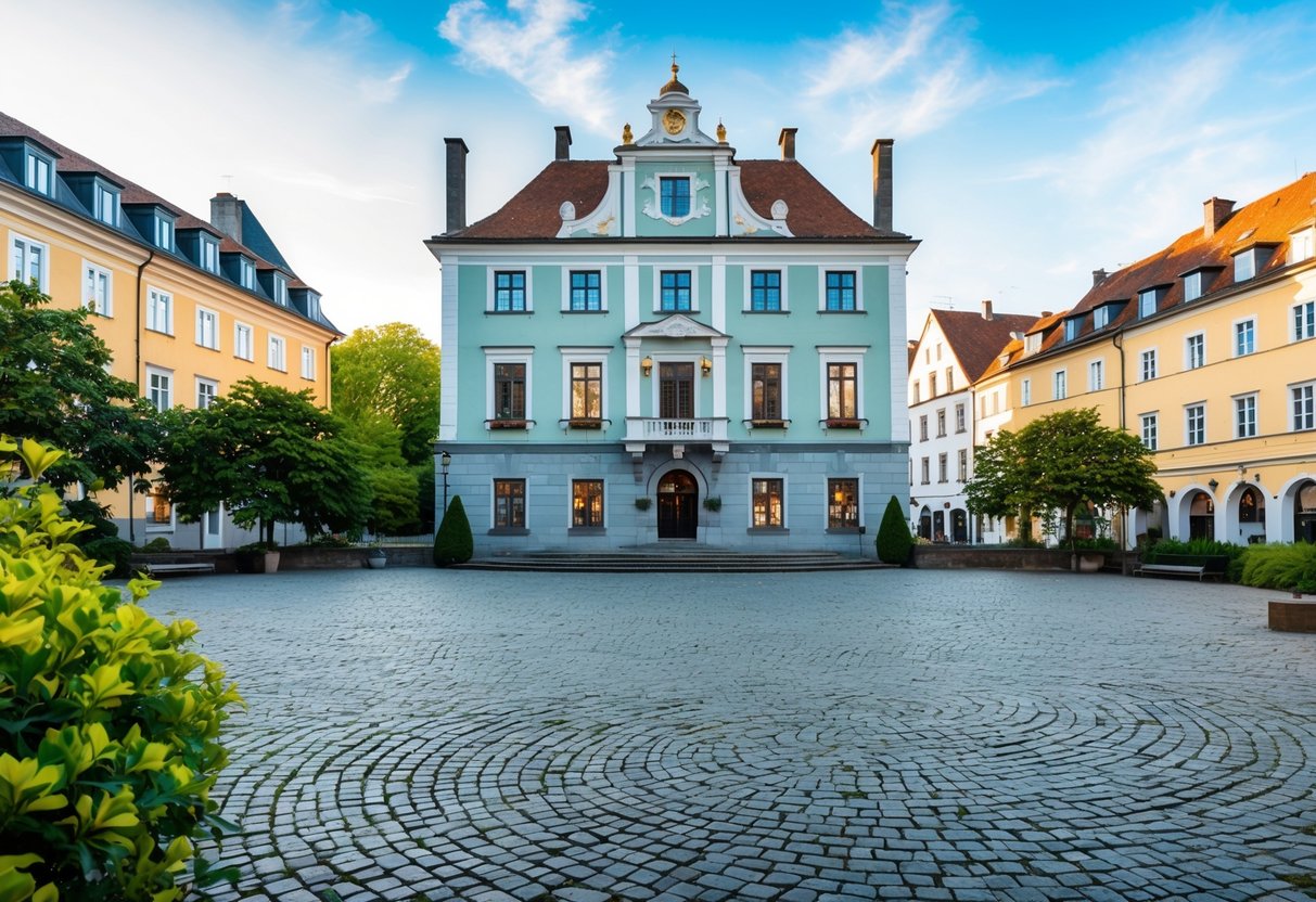 A scenic European town hall with a charming cobblestone square, surrounded by historic buildings and lush greenery