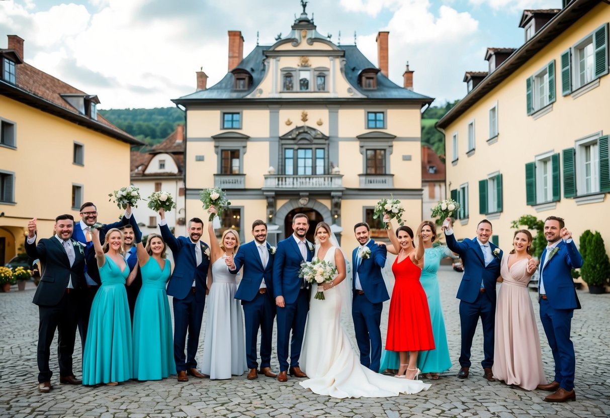 A picturesque European town hall with a diverse group of couples celebrating their weddings, representing different cultures and backgrounds