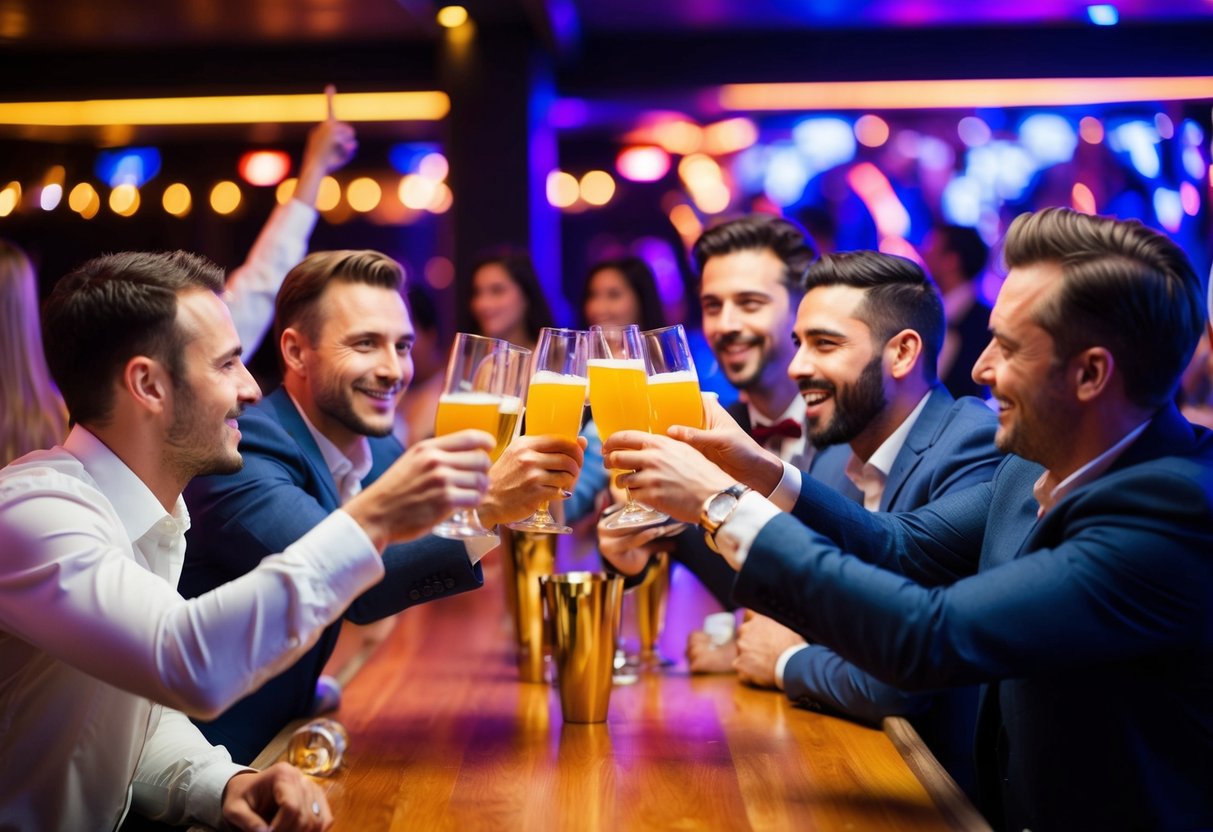 A group of men cheering and toasting with drinks at a lively, upscale bar with music and dancing in the background