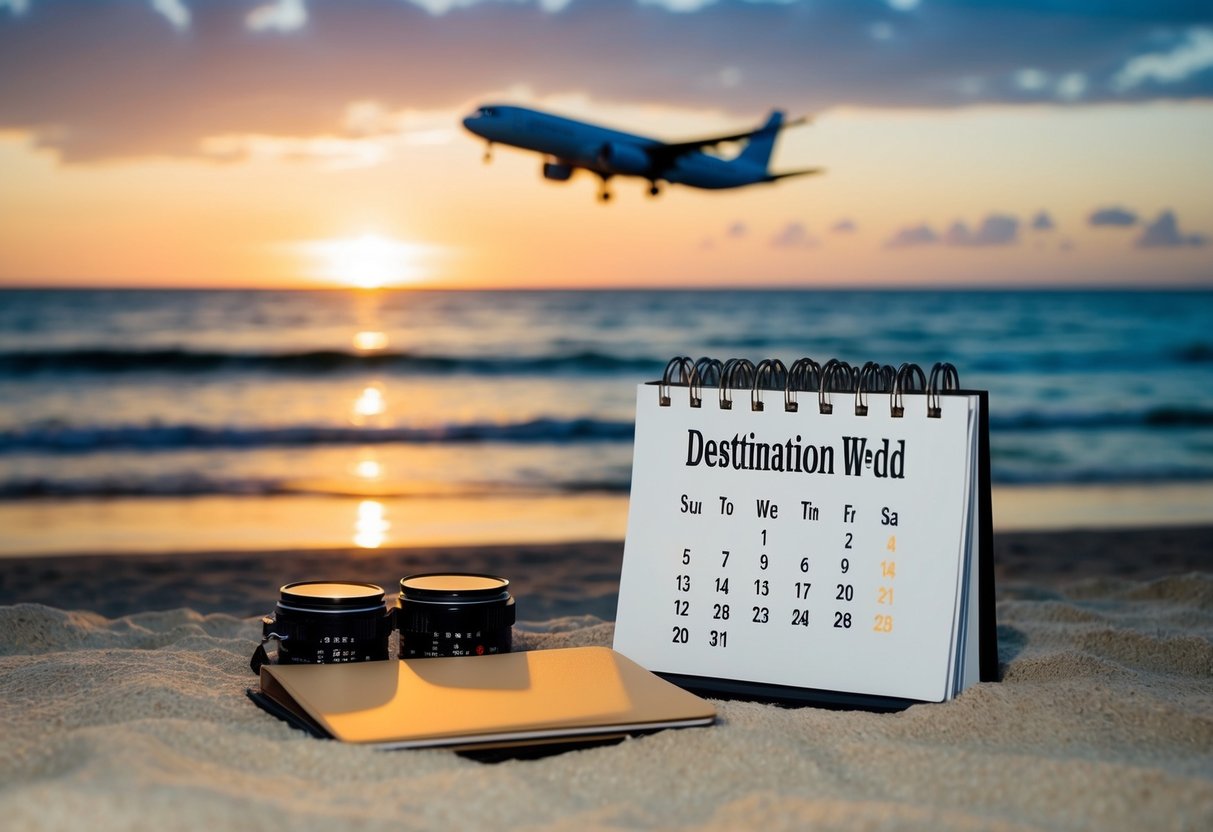 A beach with a sunset and a calendar showing the date of a destination wedding, with a plane flying in the distance