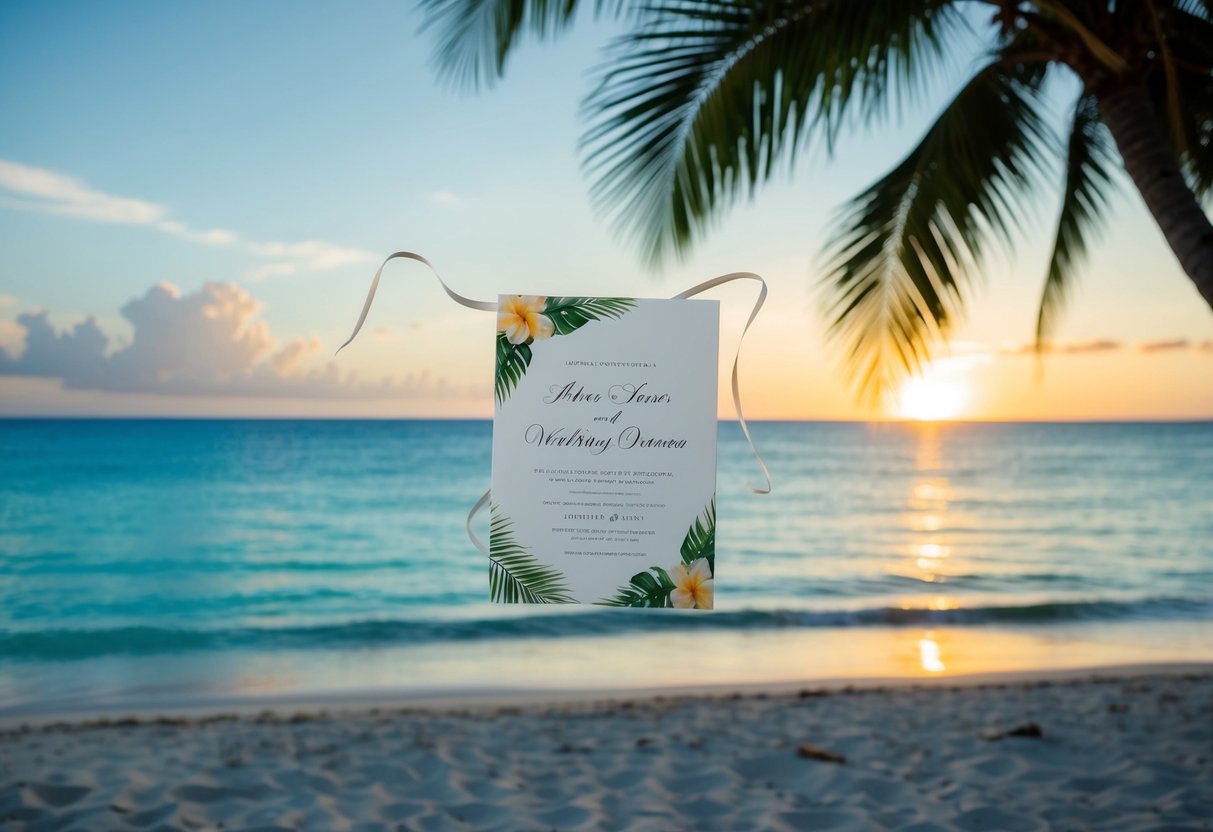 A tropical beach with a sunset backdrop, a clear blue ocean, and an elegant wedding invitation floating in the breeze
