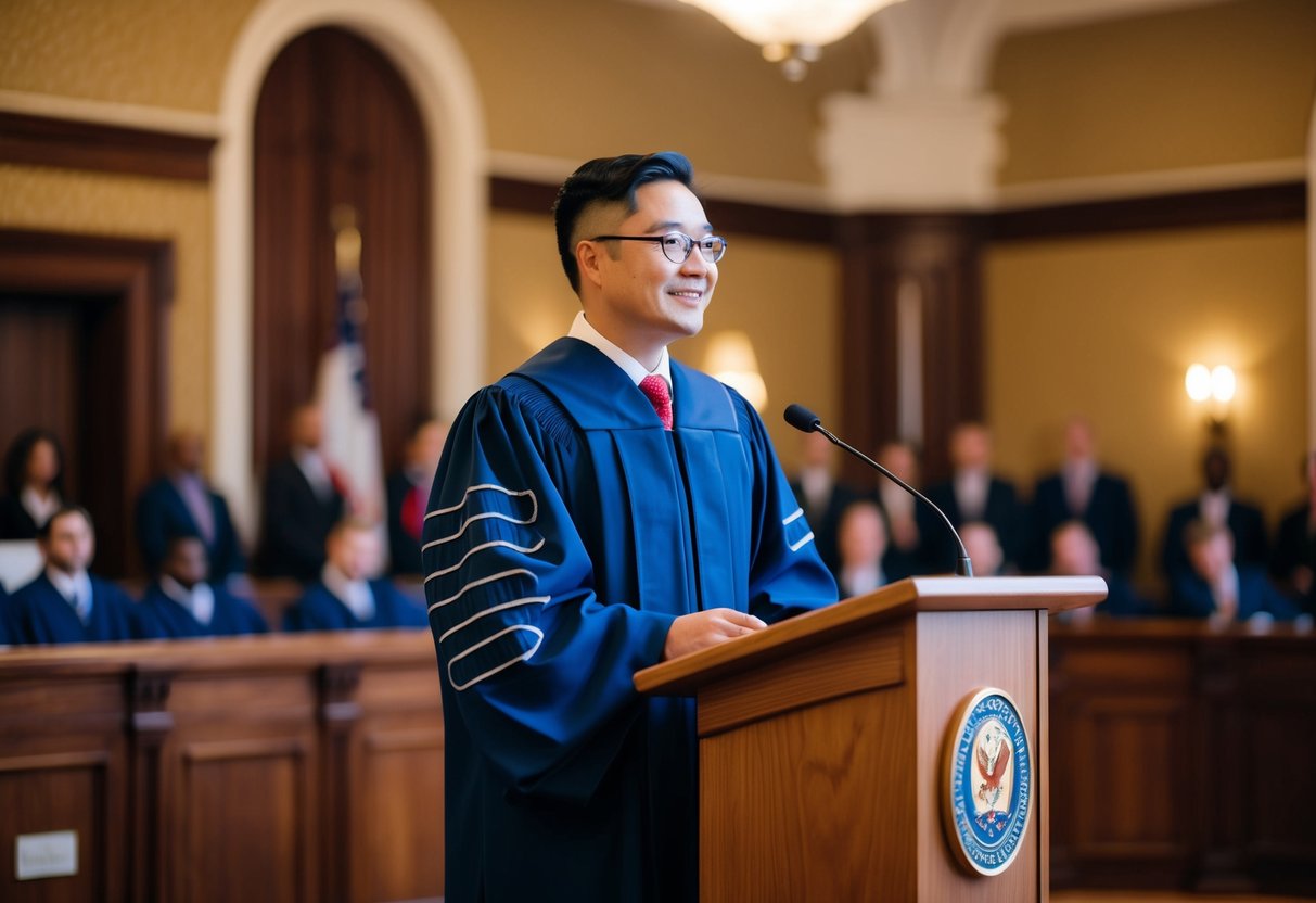 A registrar standing at a podium in a decorated room