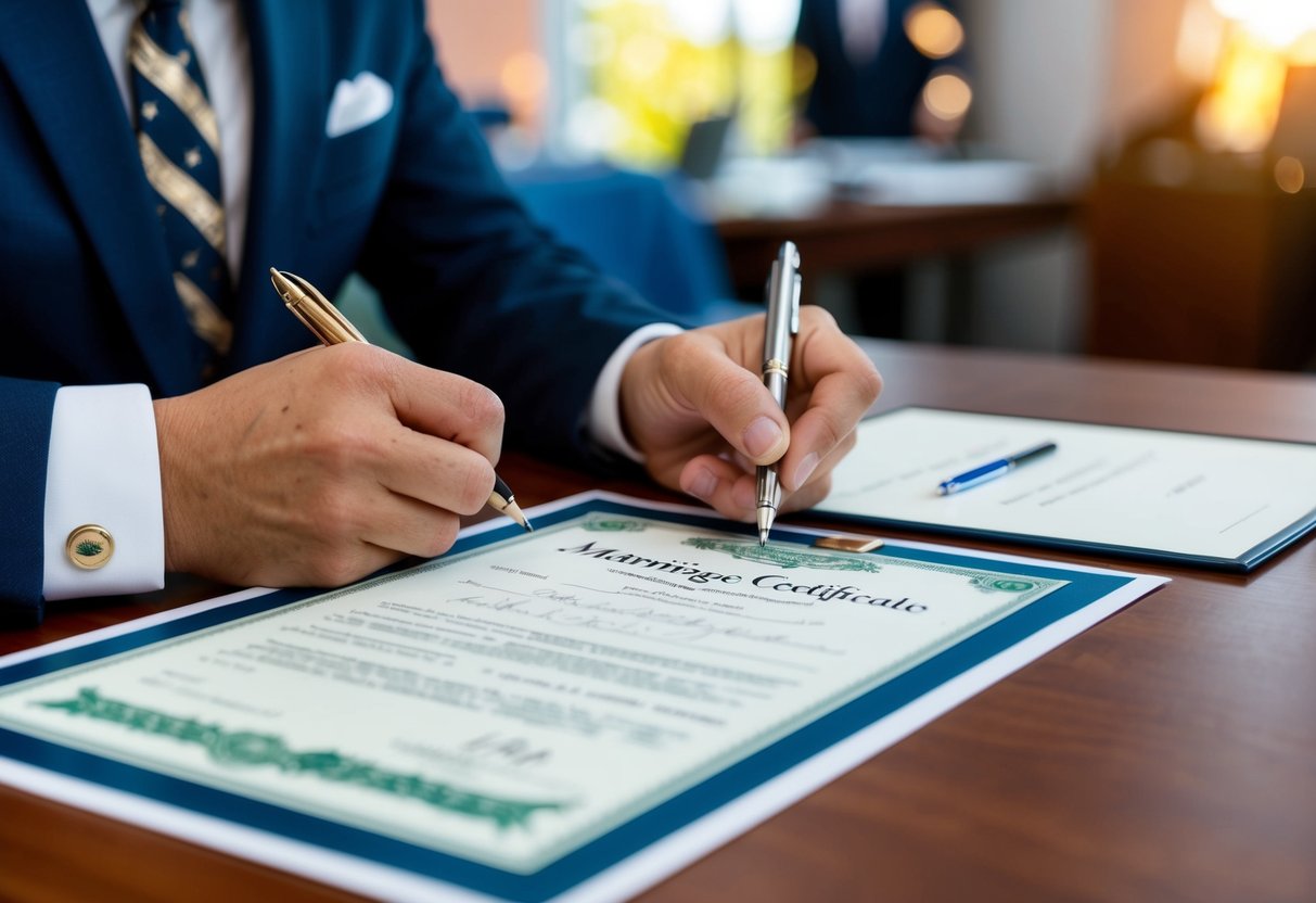 A marriage certificate being signed by an official in a government office