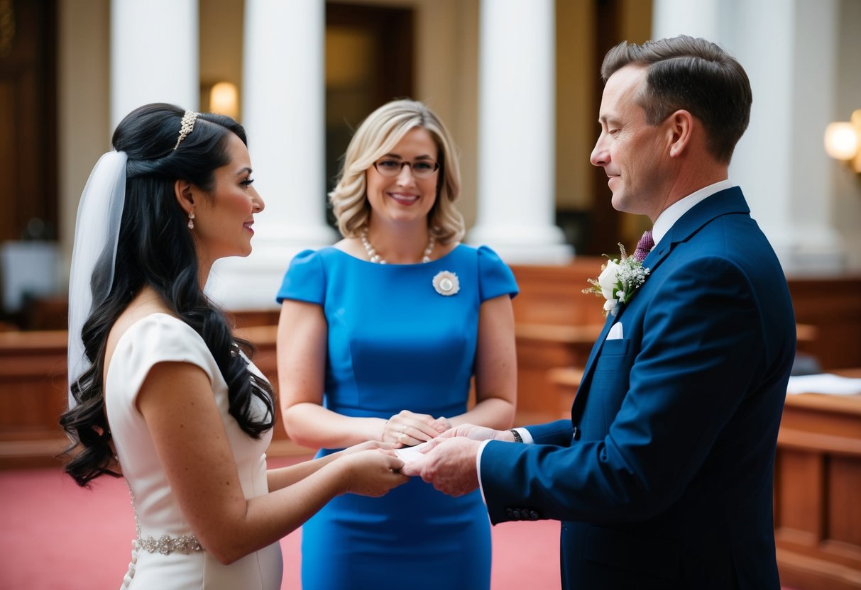 A registrar officiates a marriage in a government building