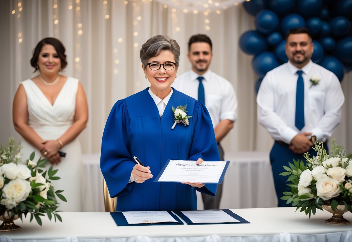 A registrar stands at a decorated table with a marriage certificate and a pen, ready to officiate a wedding ceremony