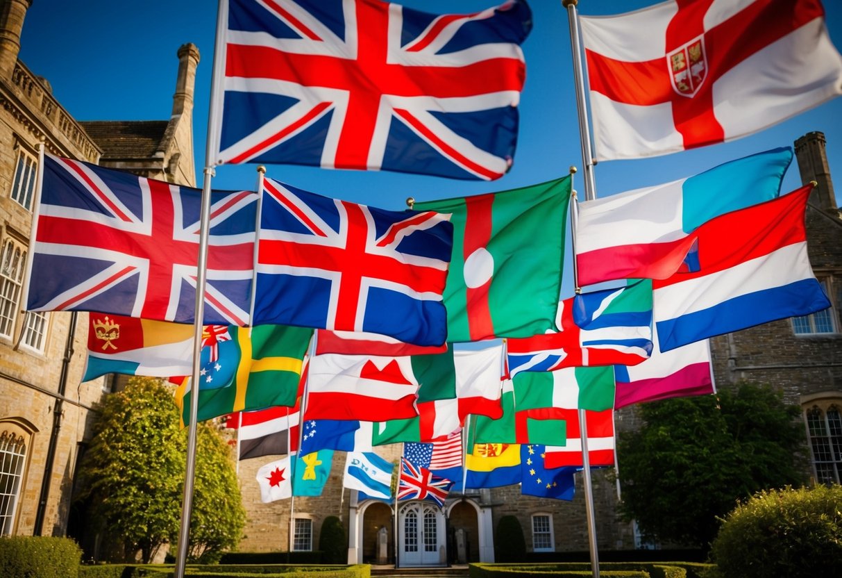 A diverse array of international flags flying outside a historic UK wedding venue