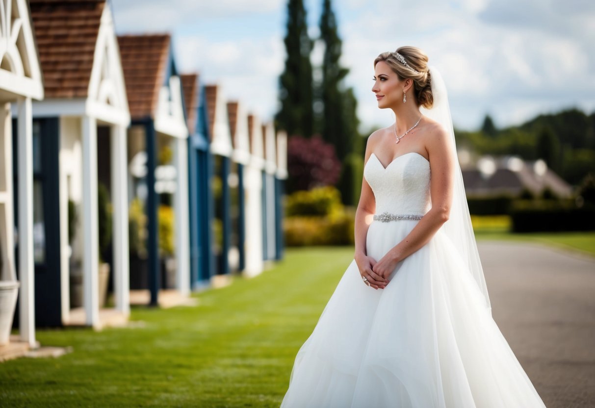 A bride stands in front of a row of potential wedding venues, carefully considering each one before making a decision