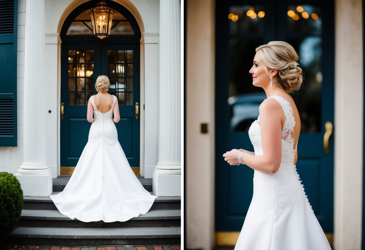 A bride stands in front of two different venues, pondering her decision