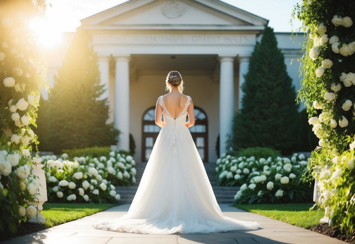 The bride stands in front of a grand, sunlit venue, surrounded by lush greenery and blooming flowers, contemplating her final decision