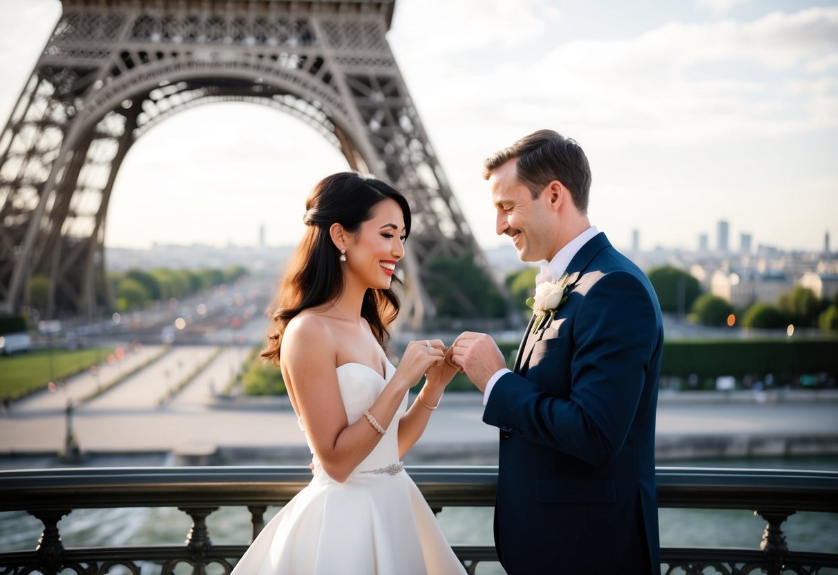 A couple exchanging wedding rings under the Eiffel Tower, with a picturesque view of the Parisian skyline in the background