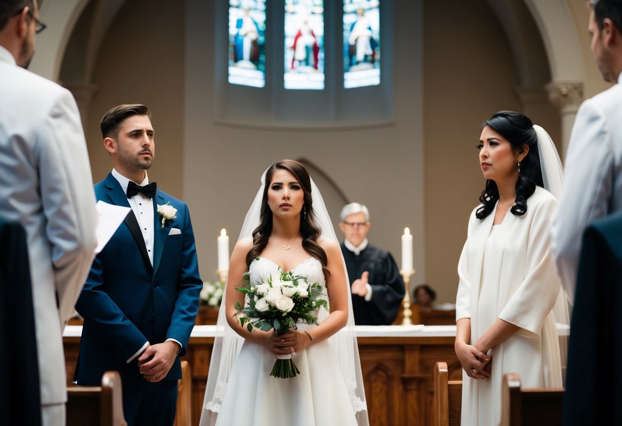 A groom stands at the altar, empty-handed, as the officiant waits expectantly. The bride looks on with disappointment, her unspoken emotions evident in her eyes