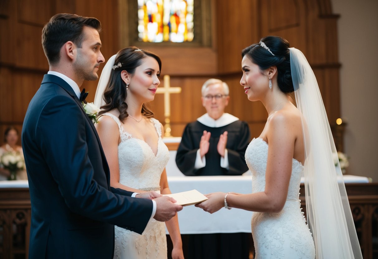 A bride and groom standing at the altar, exchanging blank sheets of paper instead of vows. The officiant looks on with concern