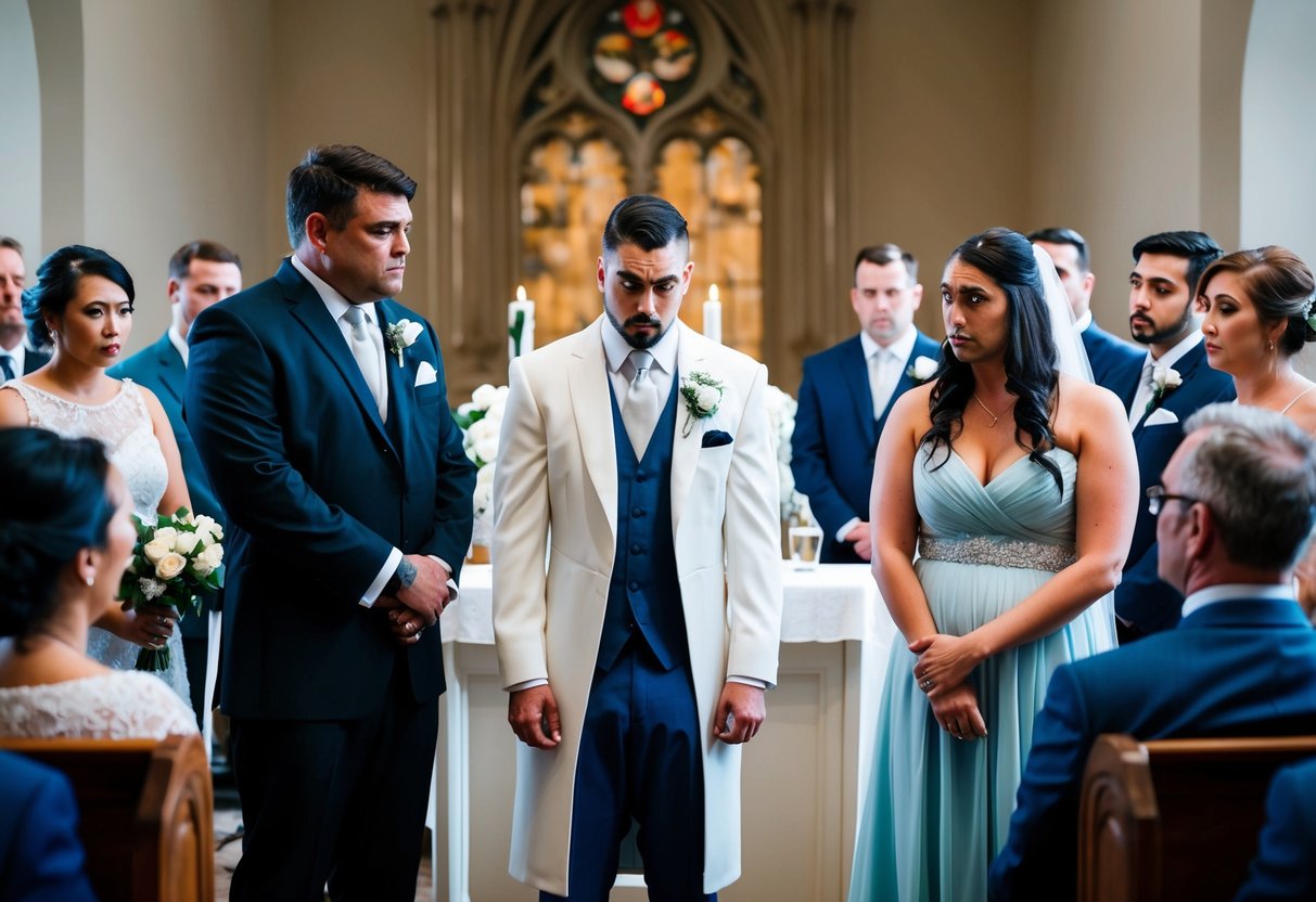 A groom stands awkwardly at the altar, while the bride looks disappointed. The officiant frowns, and the guests exchange concerned glances