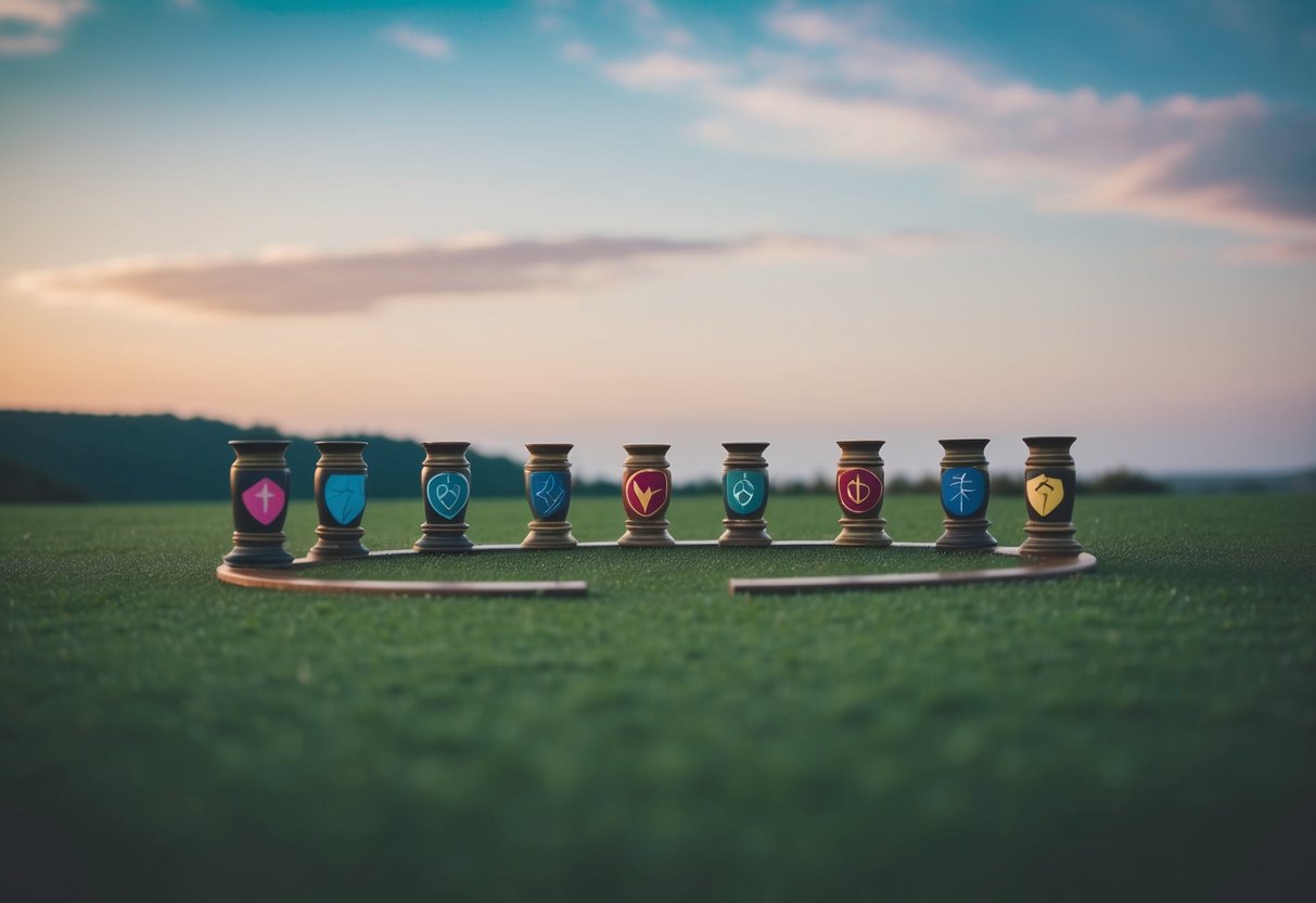 A serene landscape with seven symbolic objects arranged in a circle, representing the seven vows