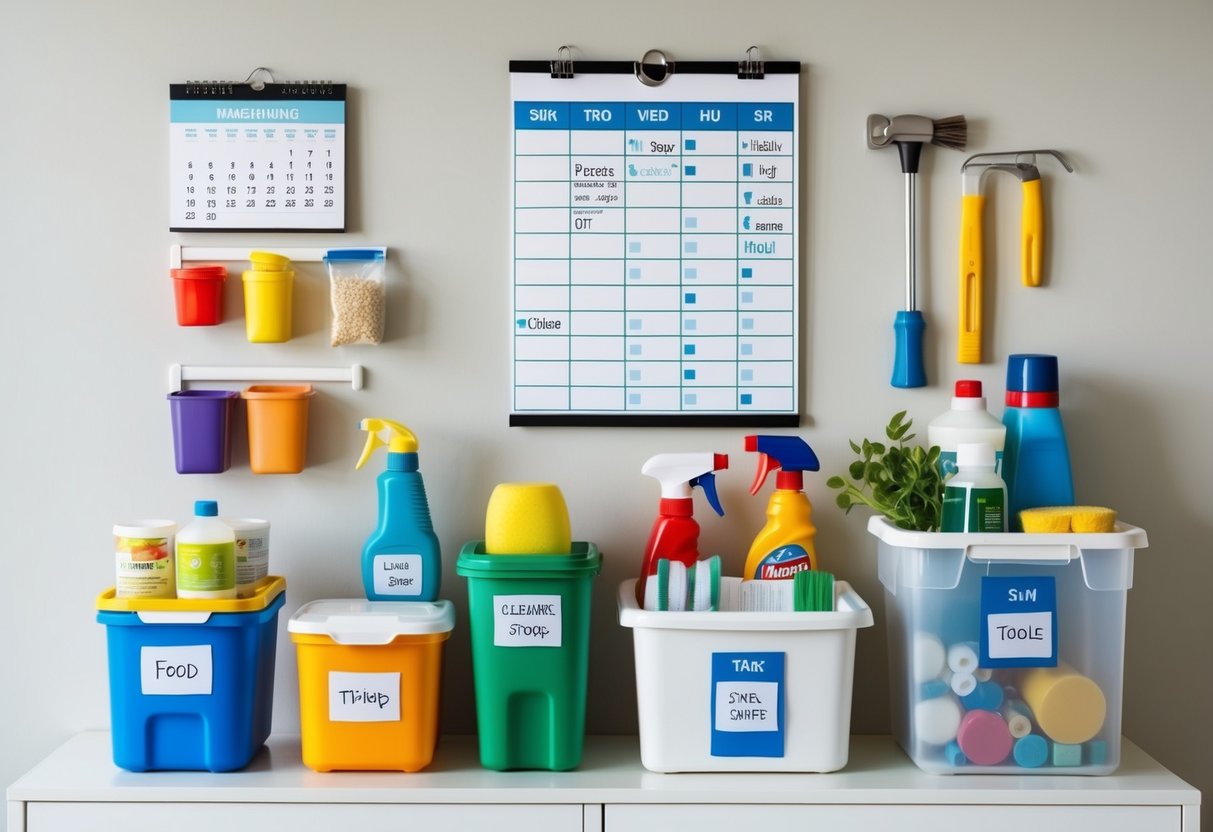 A tidy, well-organized household with labeled containers for food, cleaning supplies, and tools. A calendar with daily tasks and schedules hangs on the wall