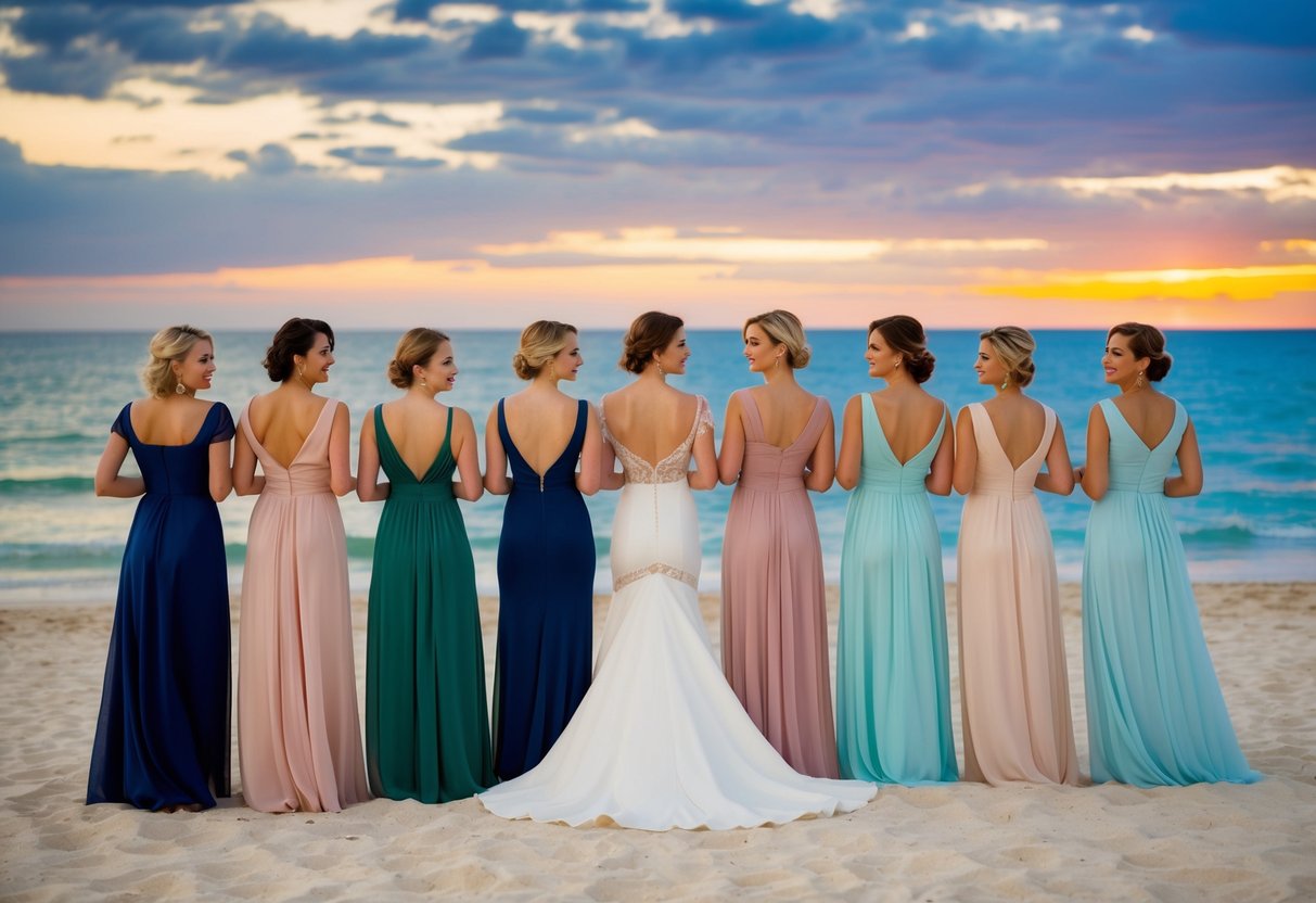 A group of women in elegant dresses stand on a sandy beach, with a picturesque ocean backdrop and a colorful sunset in the distance