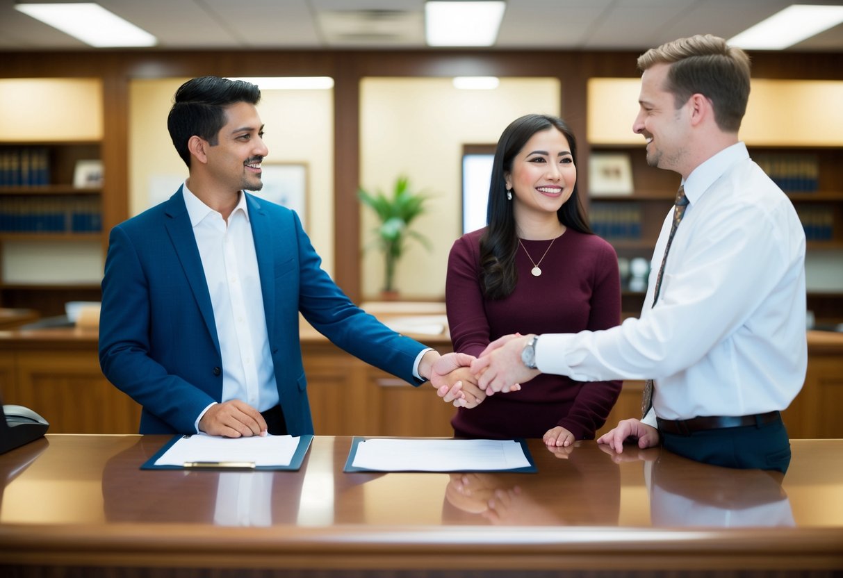 A couple stands at the counter of a government office, speaking with a clerk and filling out paperwork. The clerk hands them a certificate as they smile and shake hands