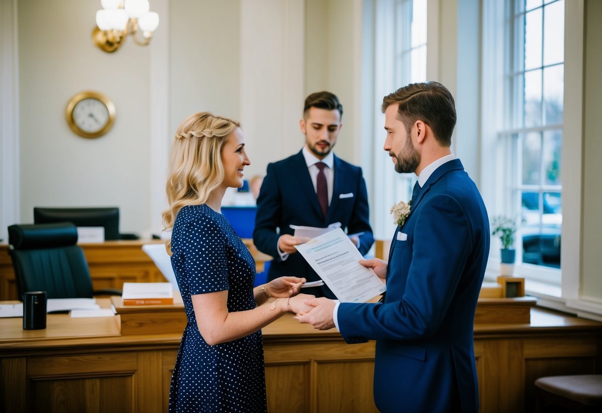 A couple stands before a registrar at a government office, presenting documents and answering questions to obtain a Free to Marry Certificate in the UK