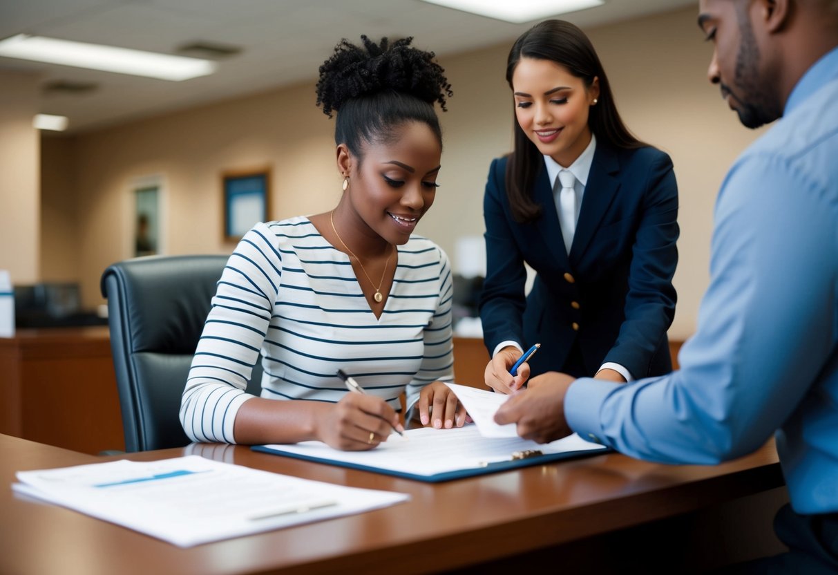 A person filling out paperwork at a government office, with a clerk behind a desk assisting them