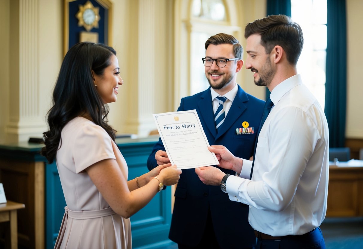 A couple standing before a registrar at a government office, exchanging documents and receiving a "free to marry" certificate in the UK