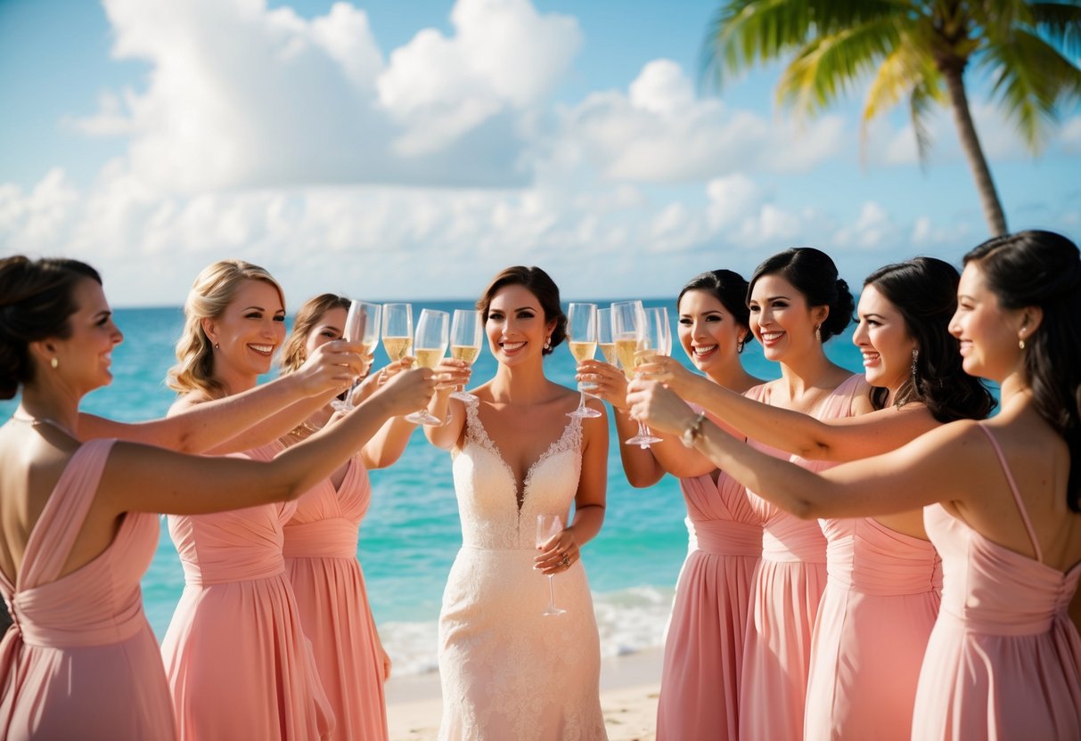 A group of bridesmaids raise their glasses in a toast on a tropical beach, with the ocean and palm trees in the background