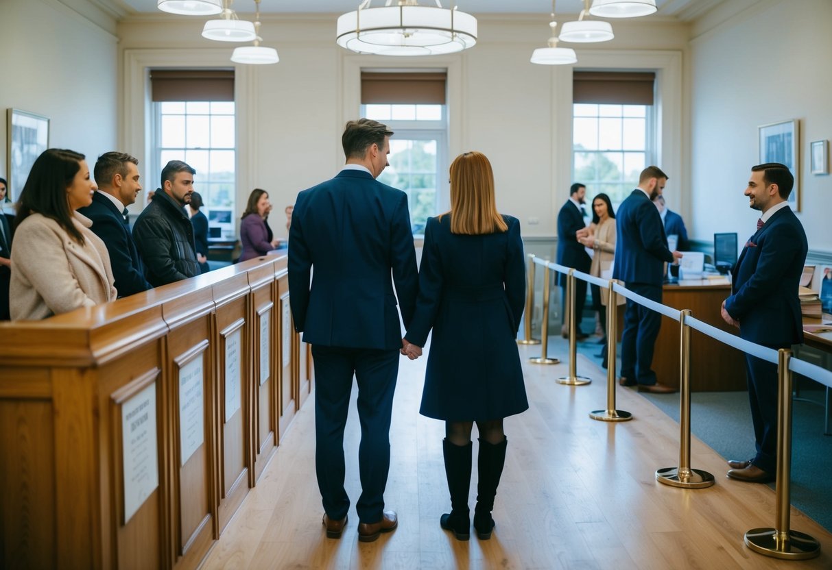 A couple stands in line at a government office, waiting to receive their Free to Marry certificate in the UK. The room is filled with other couples and a clerk behind a desk