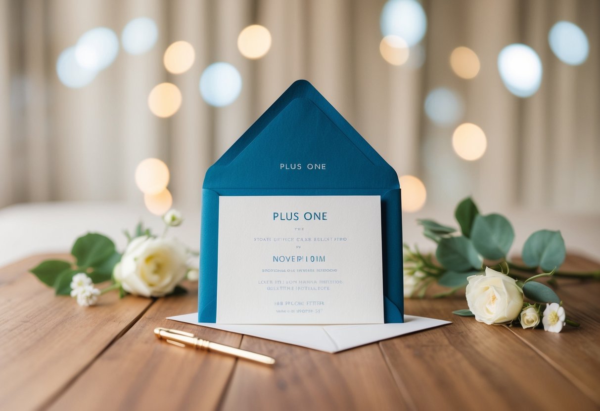 A wedding invitation with space for "plus one" indicated