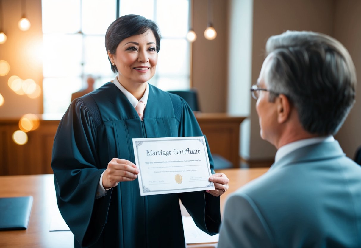 A person standing before a judge with a hopeful expression, holding a marriage certificate and asking for permission to marry again