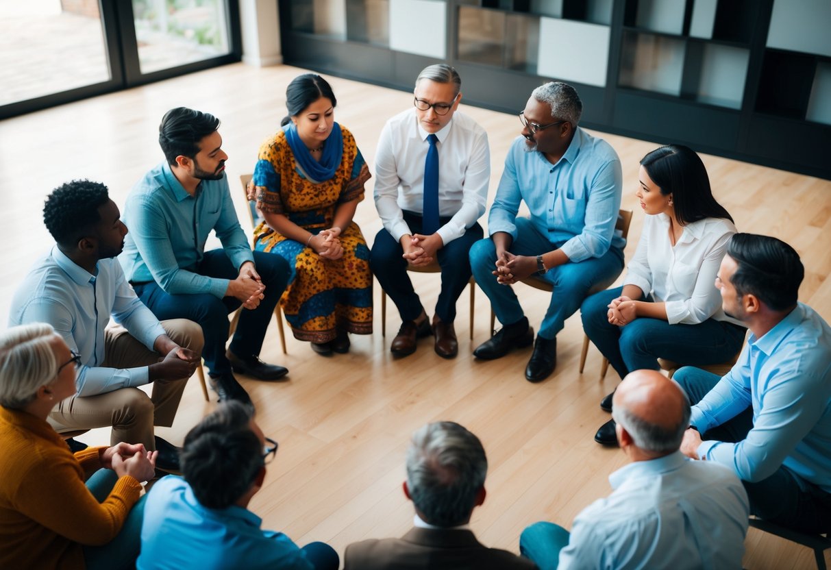 A diverse group of people from different cultures and backgrounds sitting in a circle, discussing and debating the topic of marriage and the need for permission to marry again