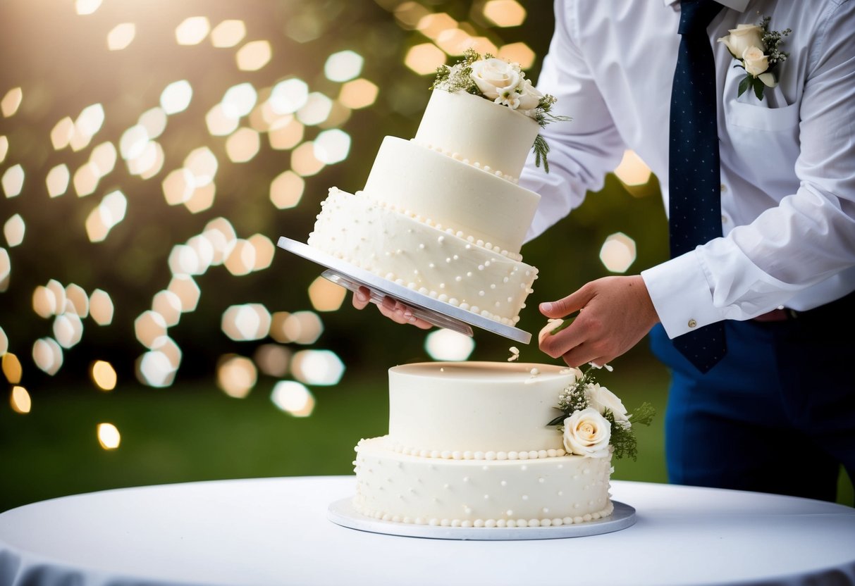 A person knocking over a wedding cake