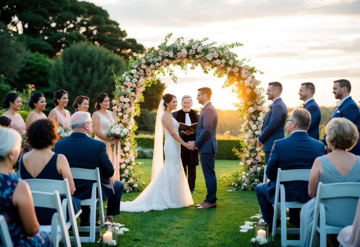 A couple stands before a floral arch in a picturesque garden, surrounded by friends and family. The officiant leads a heartfelt vow renewal ceremony as the sun sets behind them