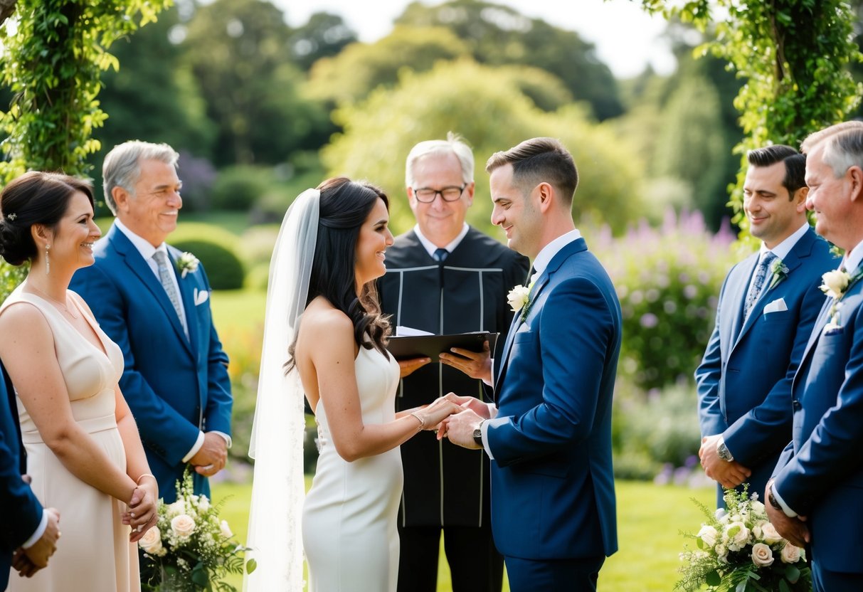 A couple stands before an officiant in a scenic garden, surrounded by friends and family. The couple exchanges vows and rings, symbolizing their continued commitment