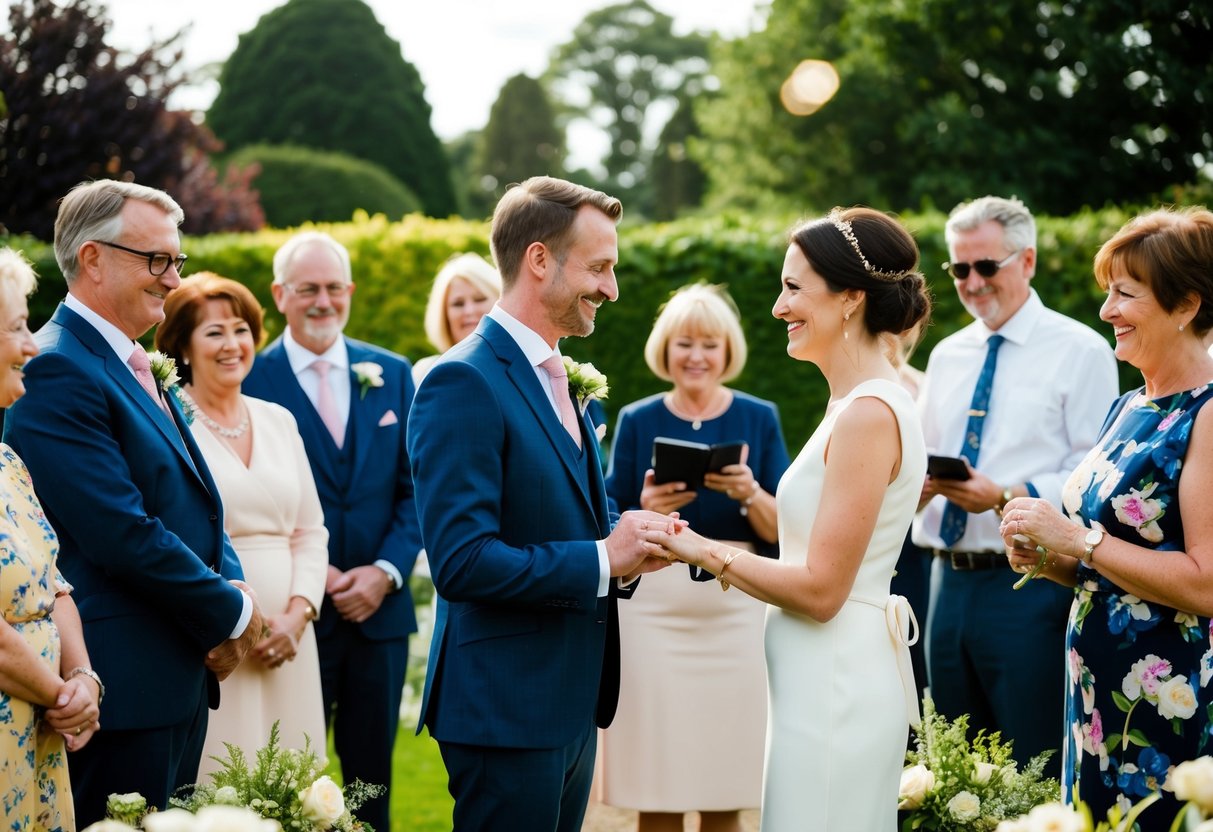 A couple stands in a garden surrounded by family and friends, exchanging vows and rings during their vow renewal ceremony in the UK