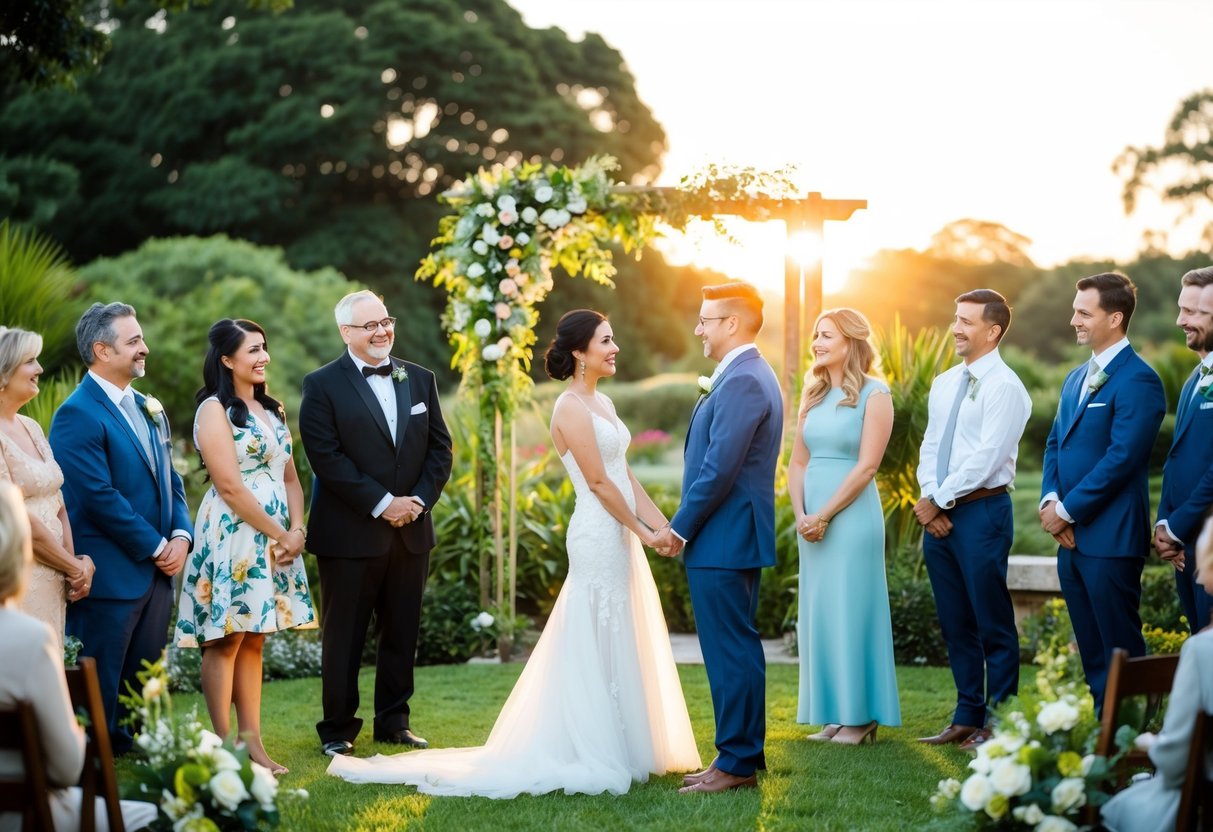 A couple stands in a lush garden, surrounded by family and friends. A celebrant leads a vow renewal ceremony as the sun sets behind them