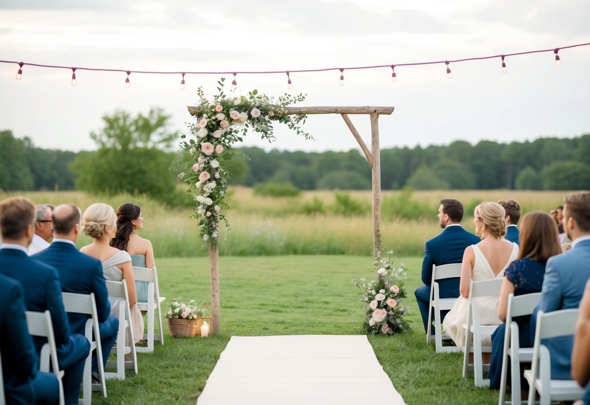 A simple outdoor ceremony with a homemade arch, wildflower decorations, and a picnic reception under string lights