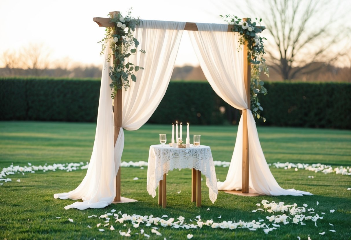 A simple outdoor setting with a decorated arch, draped fabric, and scattered flower petals. A small table with a lace tablecloth and candles