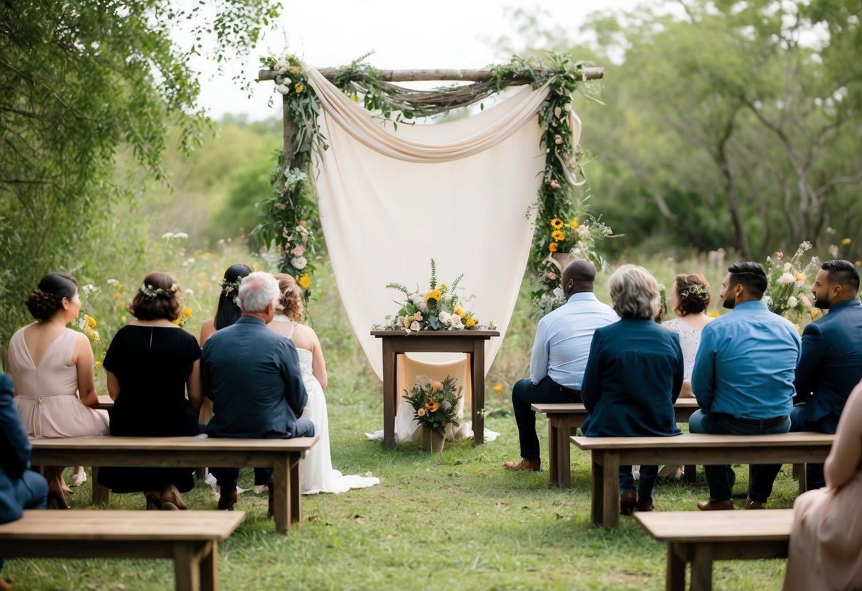 A simple outdoor setting with a makeshift altar adorned with wildflowers and a flowing fabric backdrop. A small gathering of loved ones seated on wooden benches, surrounded by nature