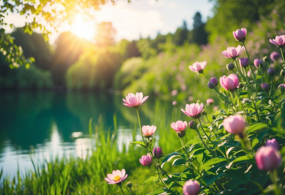 A serene setting with blooming flowers and a tranquil lake, surrounded by lush greenery and bathed in warm sunlight