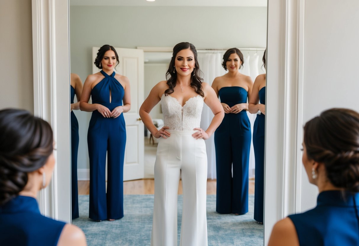 A bride standing in front of a mirror, trying on a variety of non-traditional wedding attire, such as a pantsuit, jumpsuit, or tuxedo