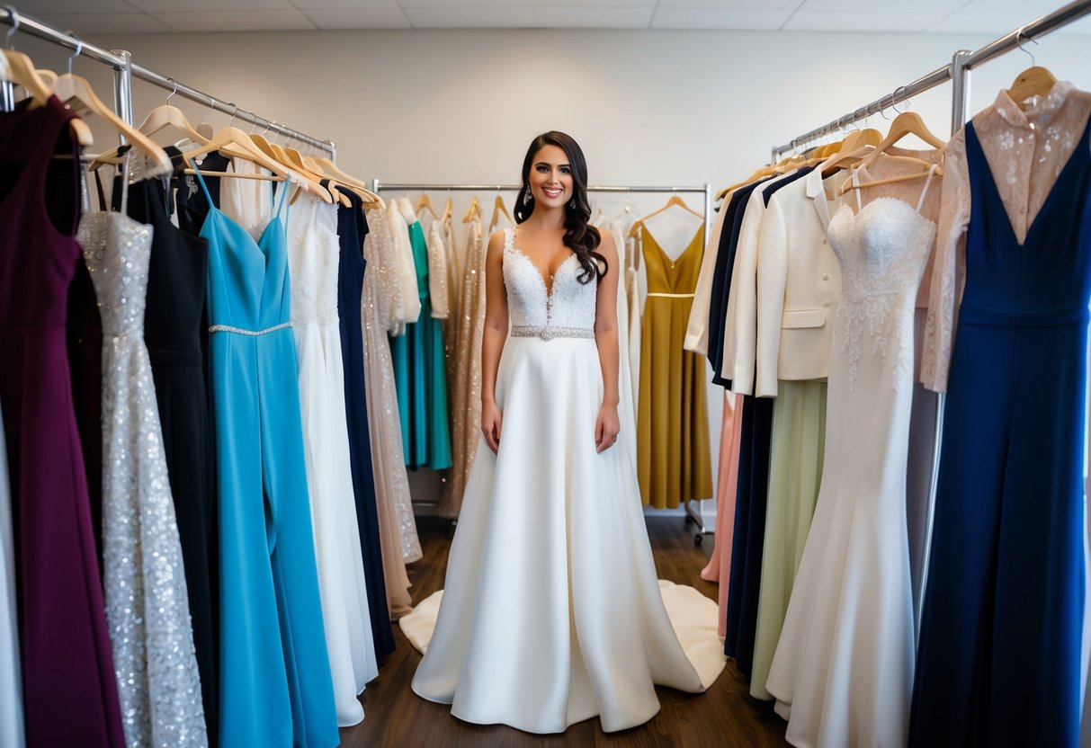 A bride stands surrounded by a variety of bridal attire options, including dresses, jumpsuits, and separates, displayed on racks and mannequins