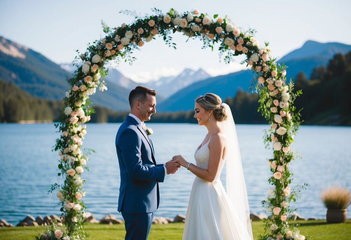 A bride and groom standing under a floral arch, exchanging heartfelt vows in front of a serene lake with mountains in the background