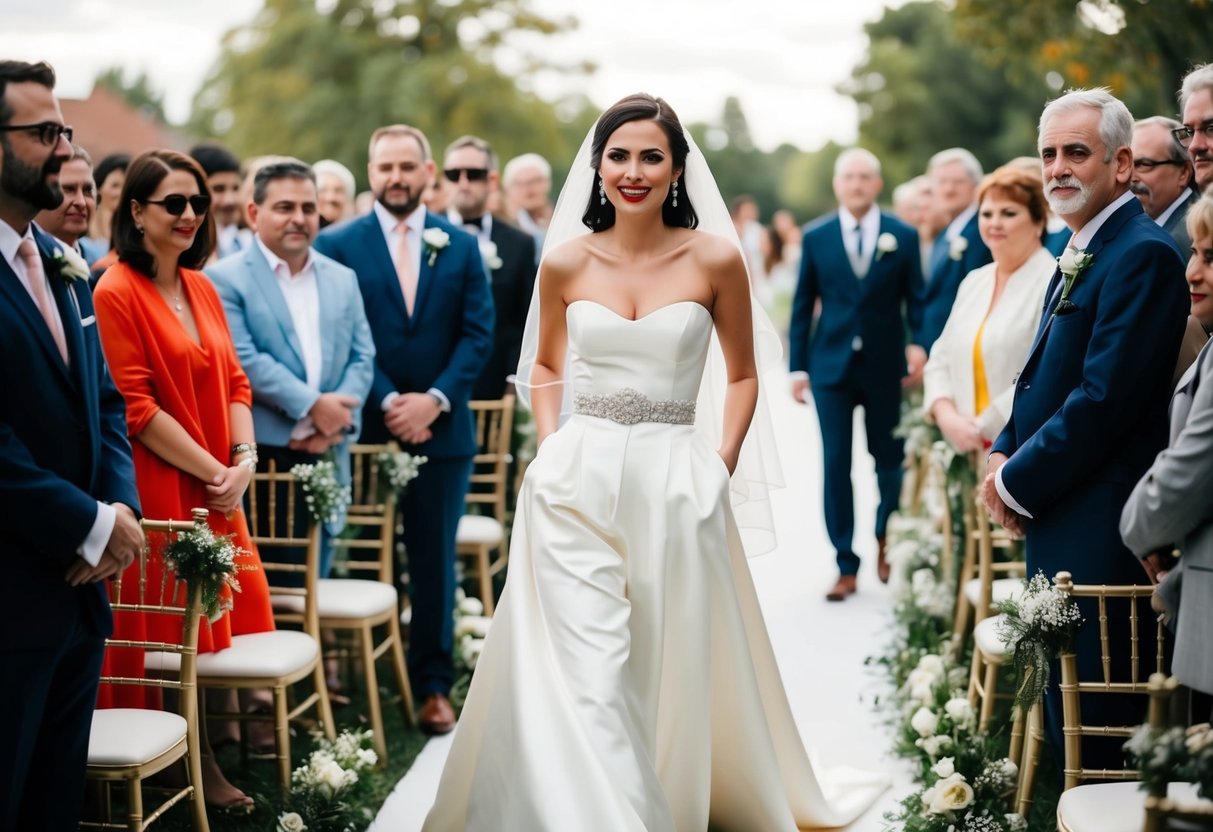 A bride in a non-traditional outfit walks confidently down the aisle, while guests look on with admiration and curiosity