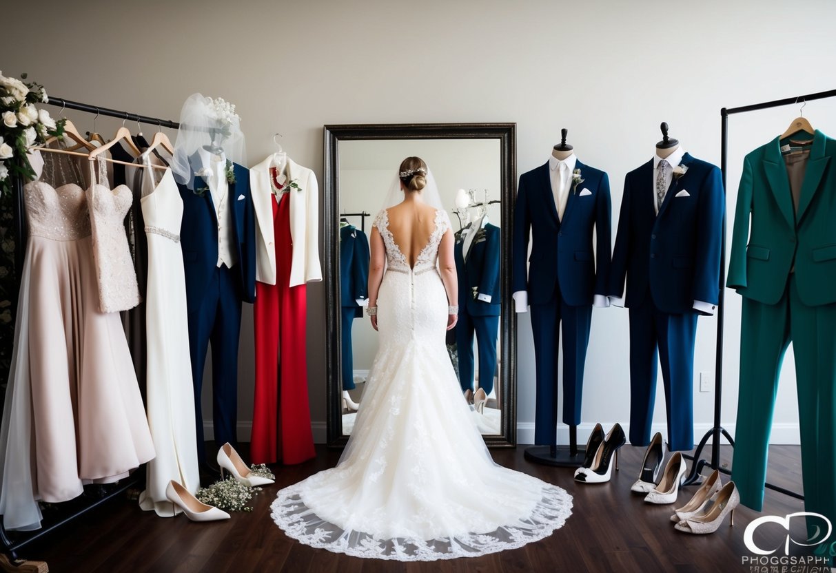 A bride stands in front of a full-length mirror, surrounded by her bridal ensemble details. A variety of options, including dresses, suits, and jumpsuits, are displayed on racks and mannequins. Accessories such as veils, tiaras, and shoes are also arranged nearby