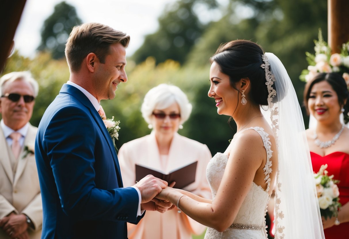 A bride and groom exchanging vows in a traditional wedding ceremony