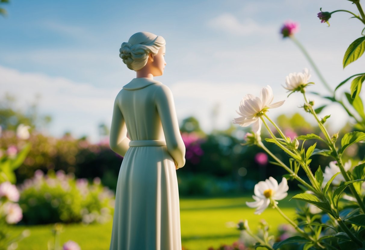 A figure standing in a serene garden, surrounded by blooming flowers and a gentle breeze, with a look of contemplation and love