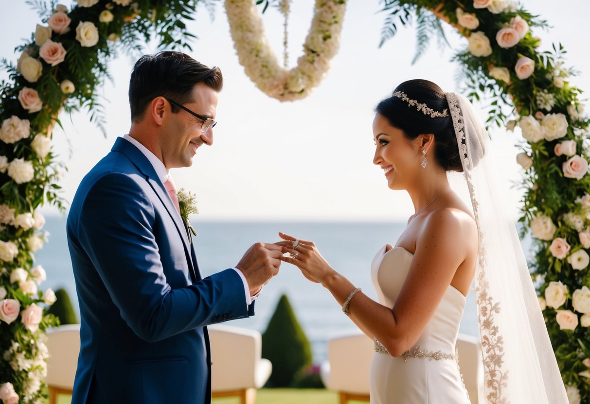 A bride and groom exchanging rings in front of a ceremonial arch adorned with flowers and traditional decorations