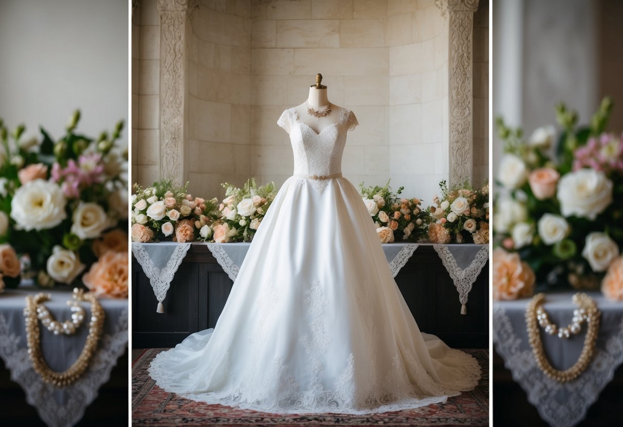 A wedding dress displayed in a historical setting, surrounded by vintage lace, flowers, and jewelry