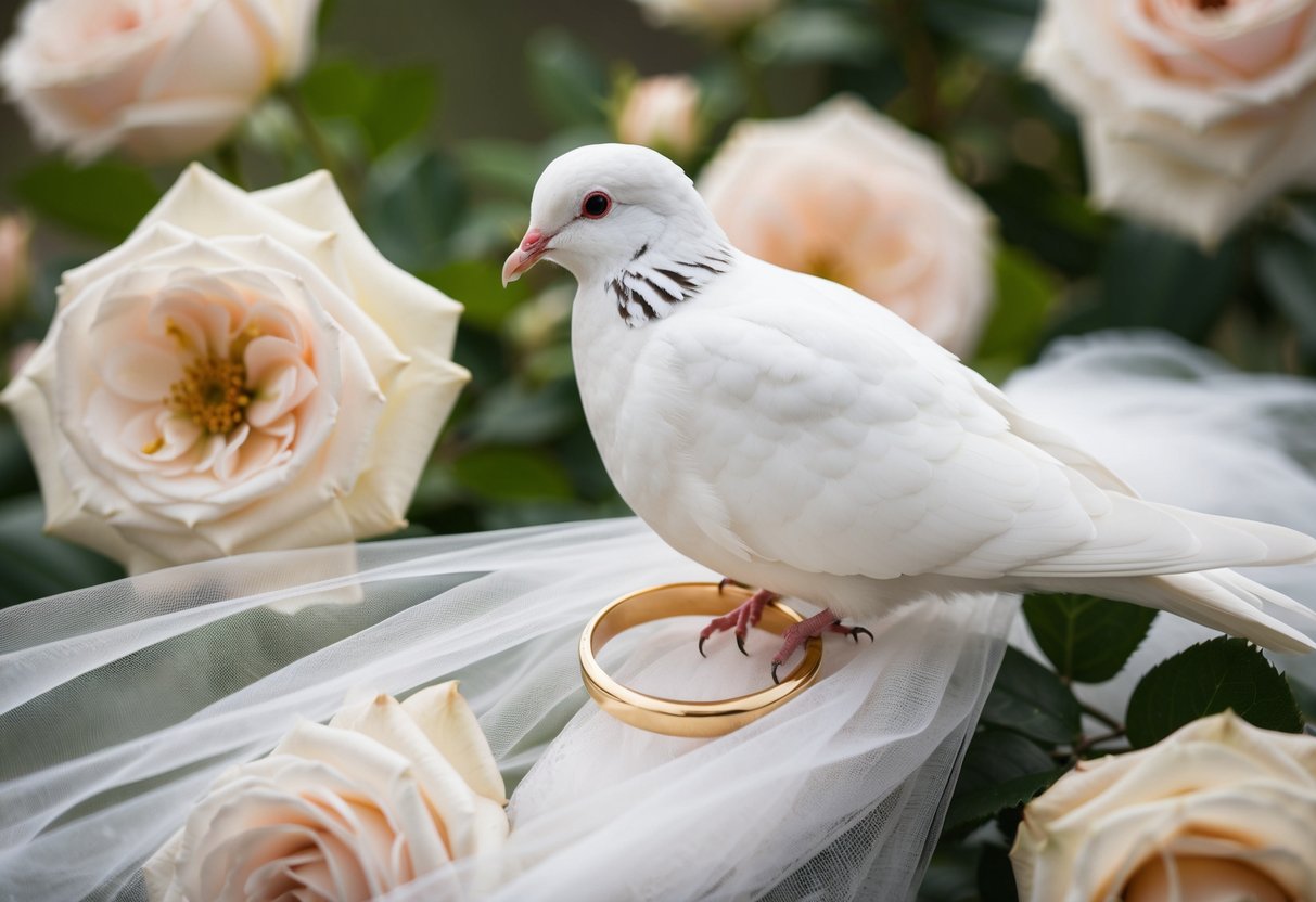A white dove perched on a delicate bridal veil, surrounded by blooming roses and intertwined with a golden ring