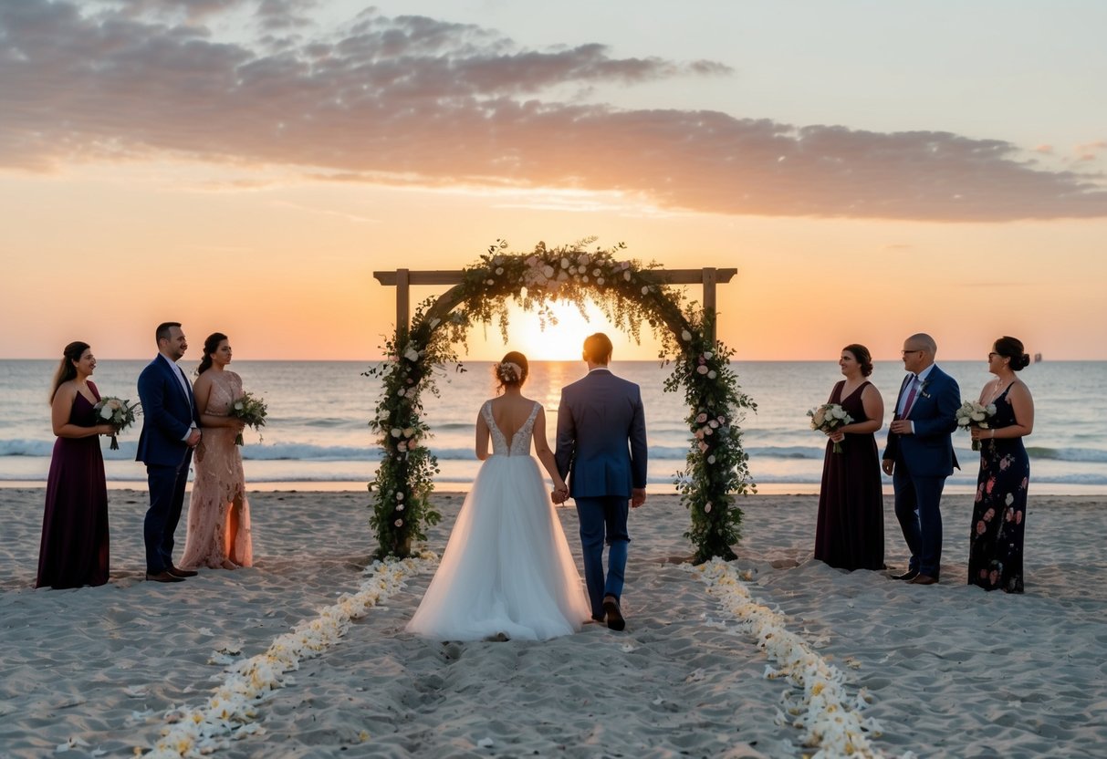 A beach at sunset with a decorated archway and scattered flower petals. A couple walks hand in hand towards the arch, surrounded by friends and family